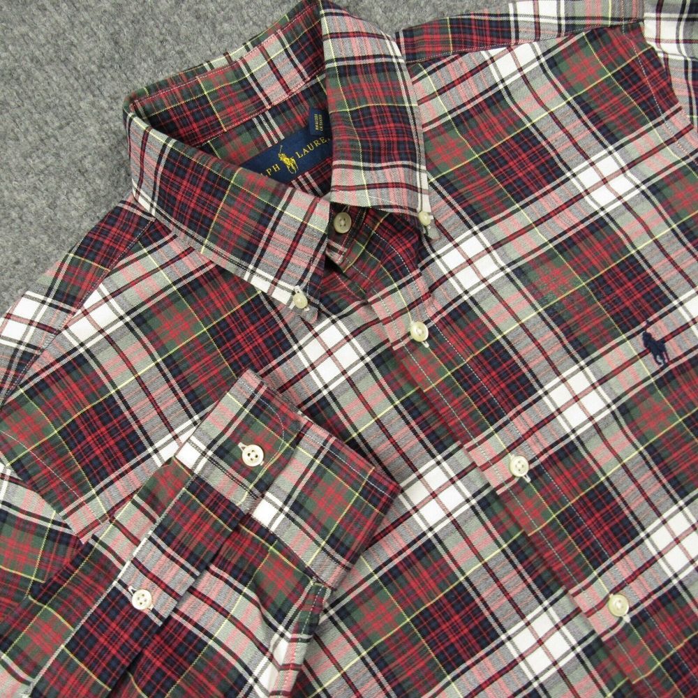 Ralph‎ Lauren Shirt Mens Medium Red Green White Plaid Long Sleeve Blue Pony Logo